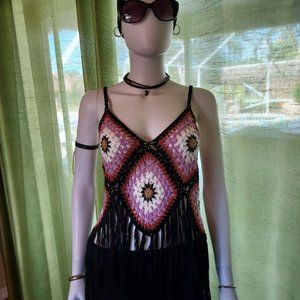 Y2K Crochet Top by Rebellion: Very BoHo slip over poly Halter: Size S